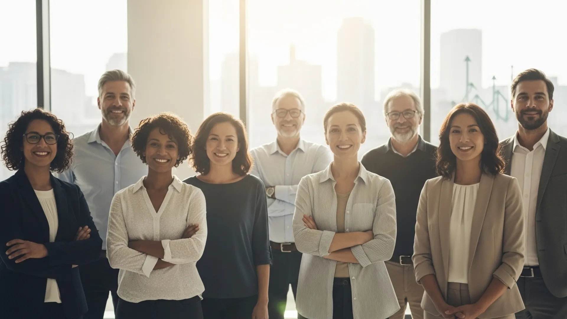 Professional group smiling confidently in bright office sunlight